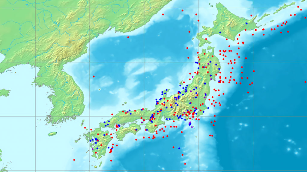 Auf diesem Bild siehst du einige der Ursprünge von Erdbeben, die Japan aufgezeichnet hat.