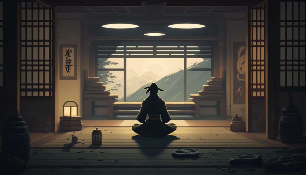 Meditierender Ninja in einem Dojo