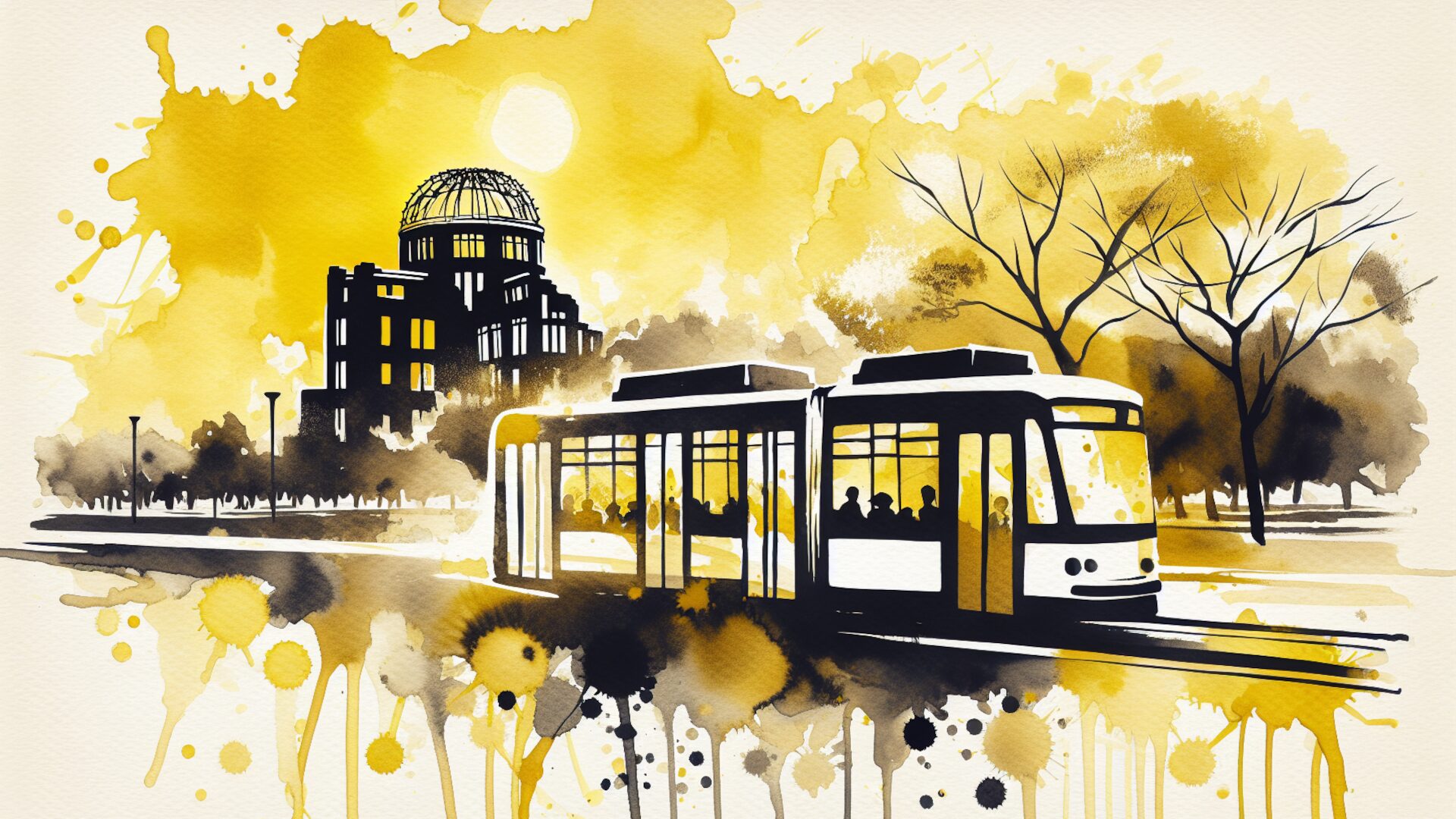 Zeichnung einer Tram in Hiroshima vor dem Atombombendenkmal
