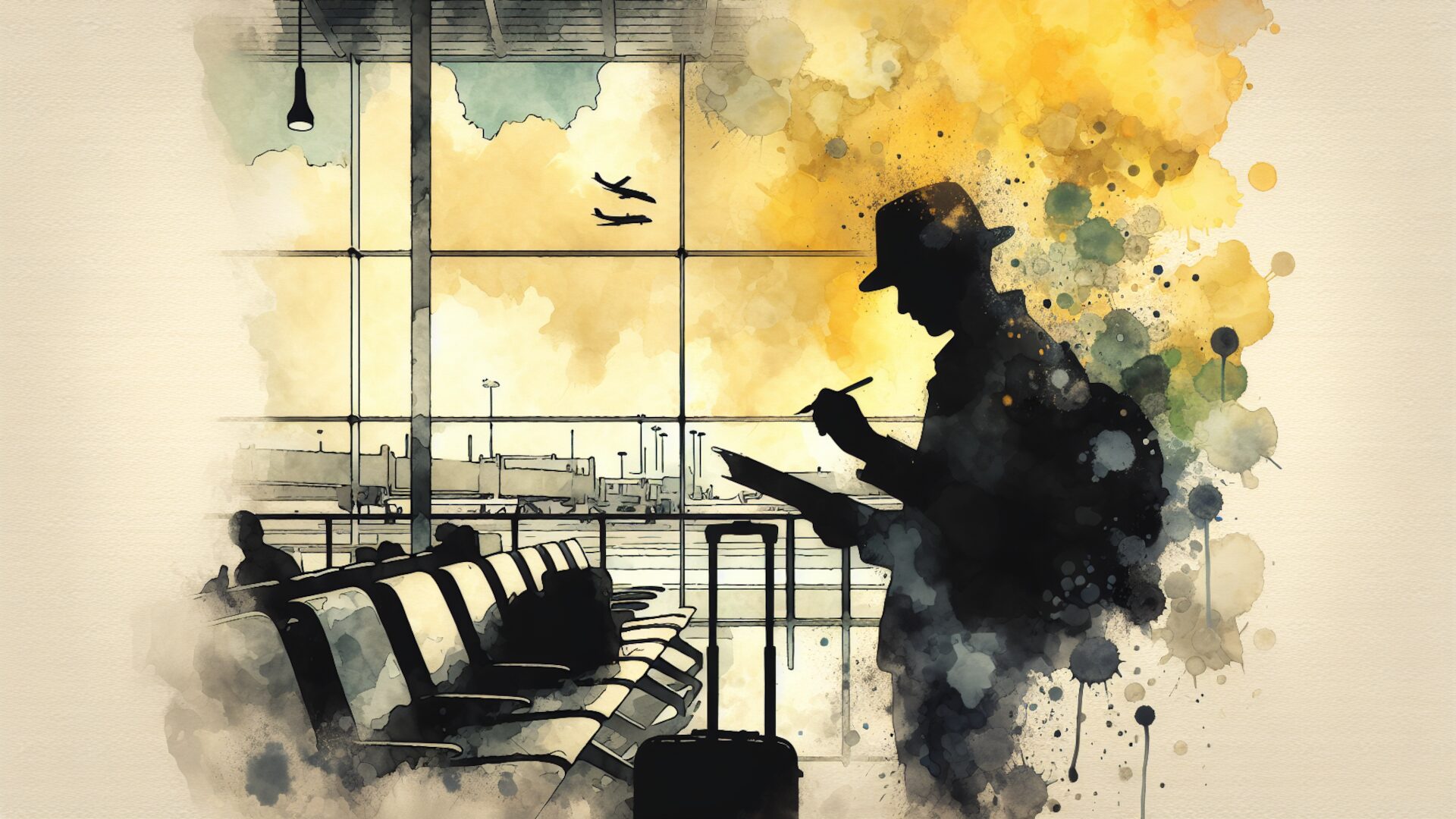 Artwork eines Mannes, der eine Checkliste am Flughafen durchgeht.
