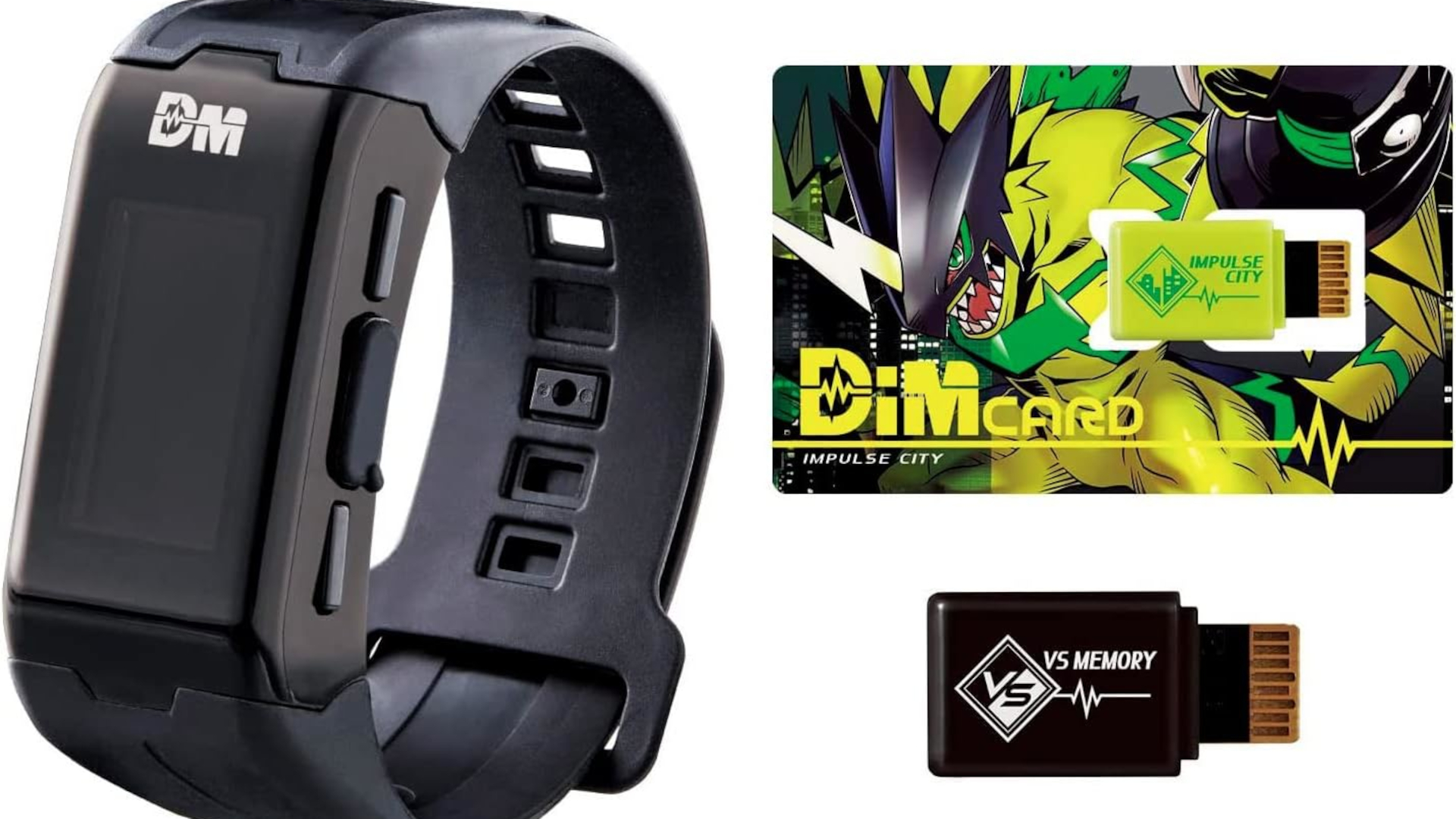 Schwarzes digitales Armband "Digimon Vital Bracelet" mit Display, das ein Digimon-Monster zeigt. Das Gerät verfügt über Knöpfe zur Bedienung und einen Slot für DIM-Karten. Es misst Schritte, Herzfrequenz und ermöglicht interaktive Kämpfe über NFC-Technologie.