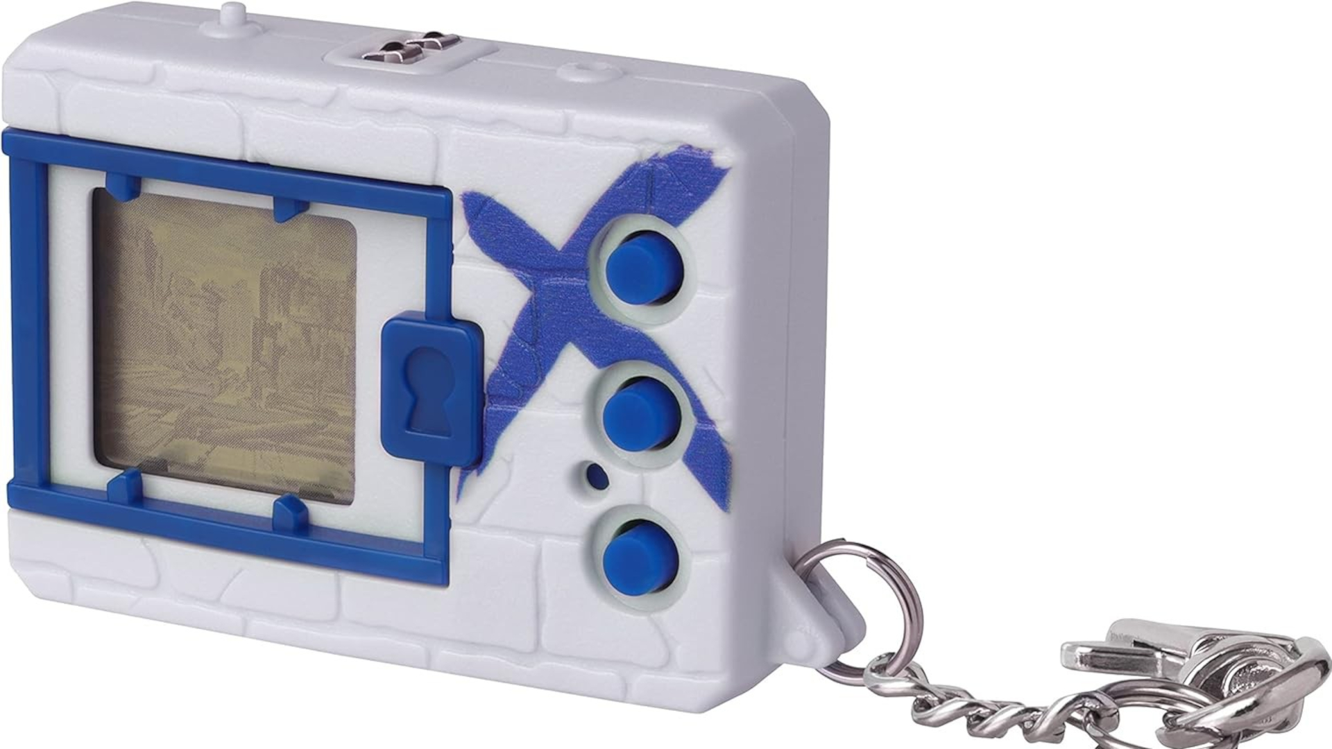 Digimon X Virtual Pet in weiß-blauer Farbe mit rechteckigem Display und drei Bedienknöpfen, das charakteristische X-Antibody Design zeigend.