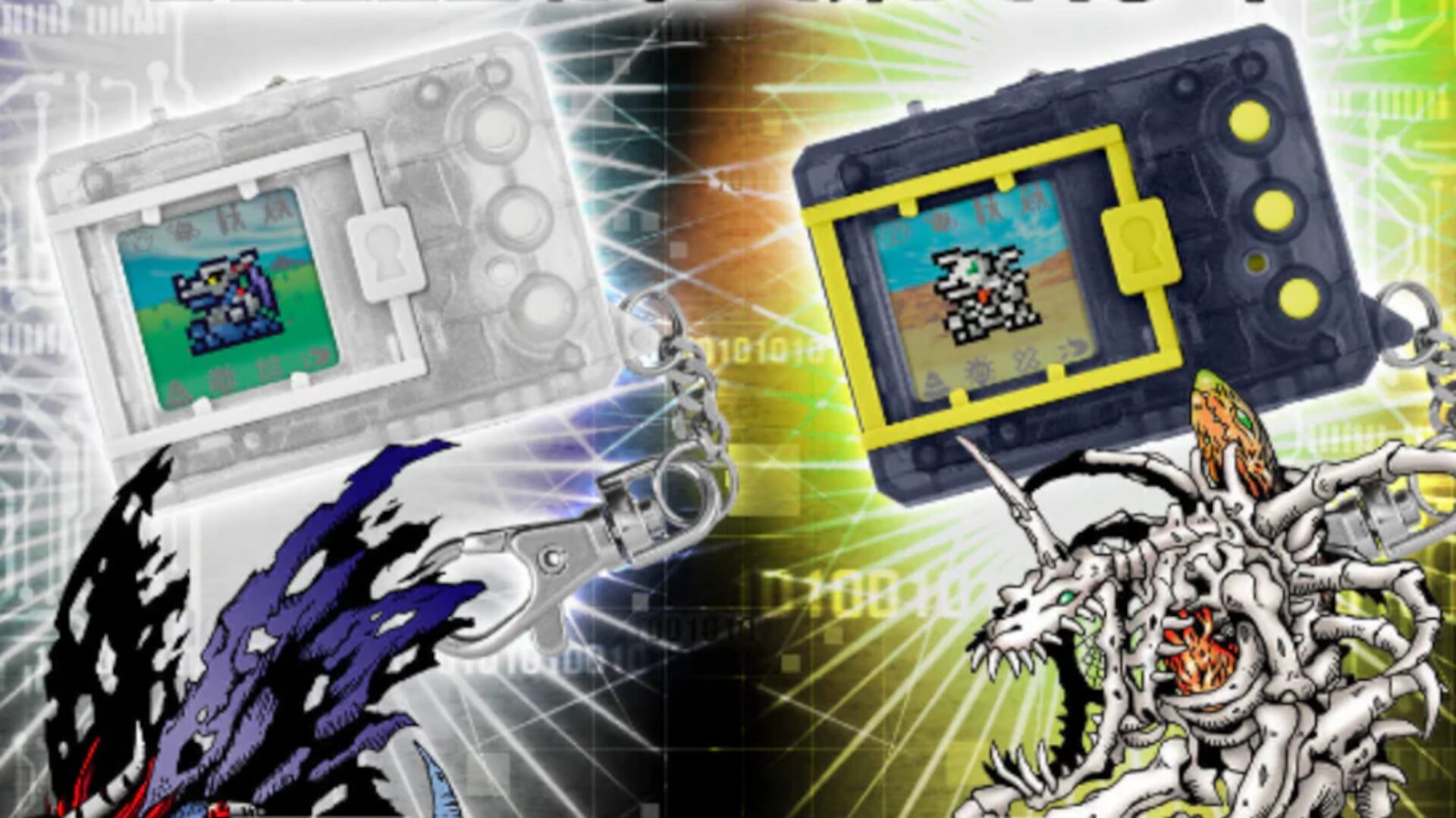 Zwei Digital Monster COLOR V-Pets mit Farb-LCD und USB-C Ladeanschluss.