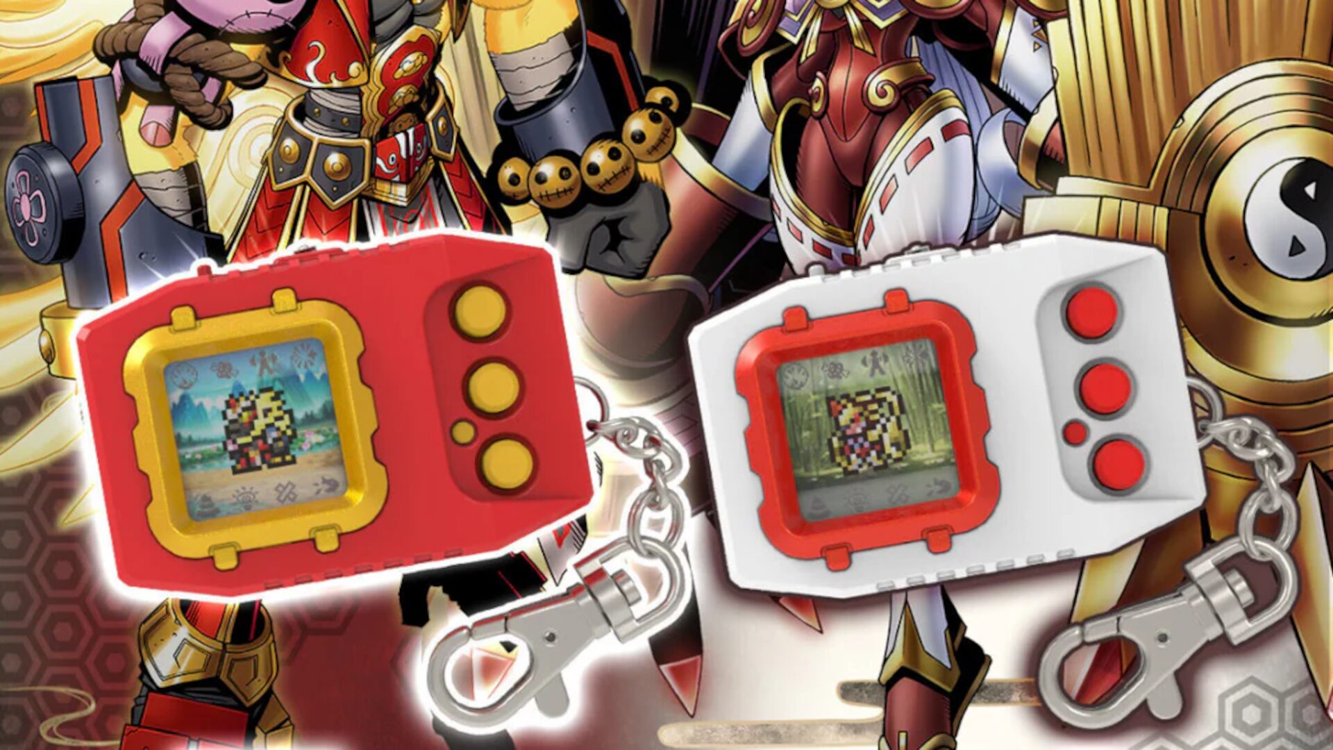 Zwei Digimon Pendulum COLOR Geräte: Links COLOR 6 SAIYUWARRIORS in Rot-Gelb mit Saitengokumon-Motiven und rechts COLOR 7 TOHOBRAVES in Weiß-Rot mit Amaterasmon-Design, beide mit Farb-LCD und USB-C Anschluss.