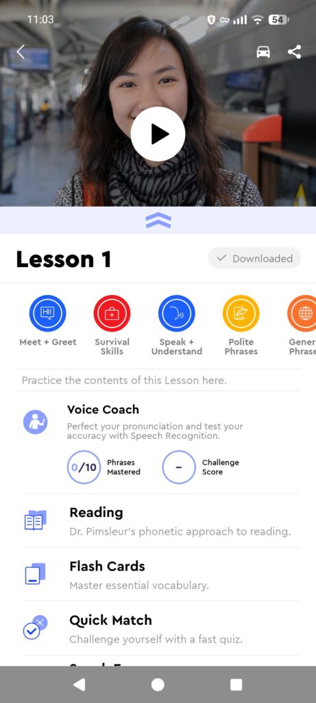 Nach den ersten Erklärungen leitet Pimsleur dich zu einem KI-Coach, der fehlerhafte Aussprache akzeptiert.